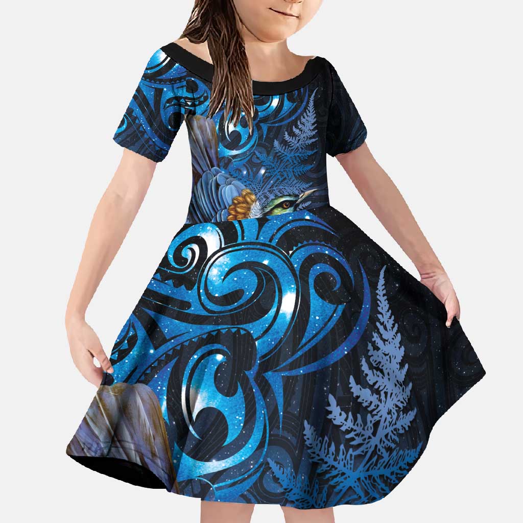 Aotearoa Matariki Family Matching Mermaid Dress and Hawaiian Shirt Maori Tribal with Silver Fern and Tui Bird Galaxy Style - Polynesian Pride