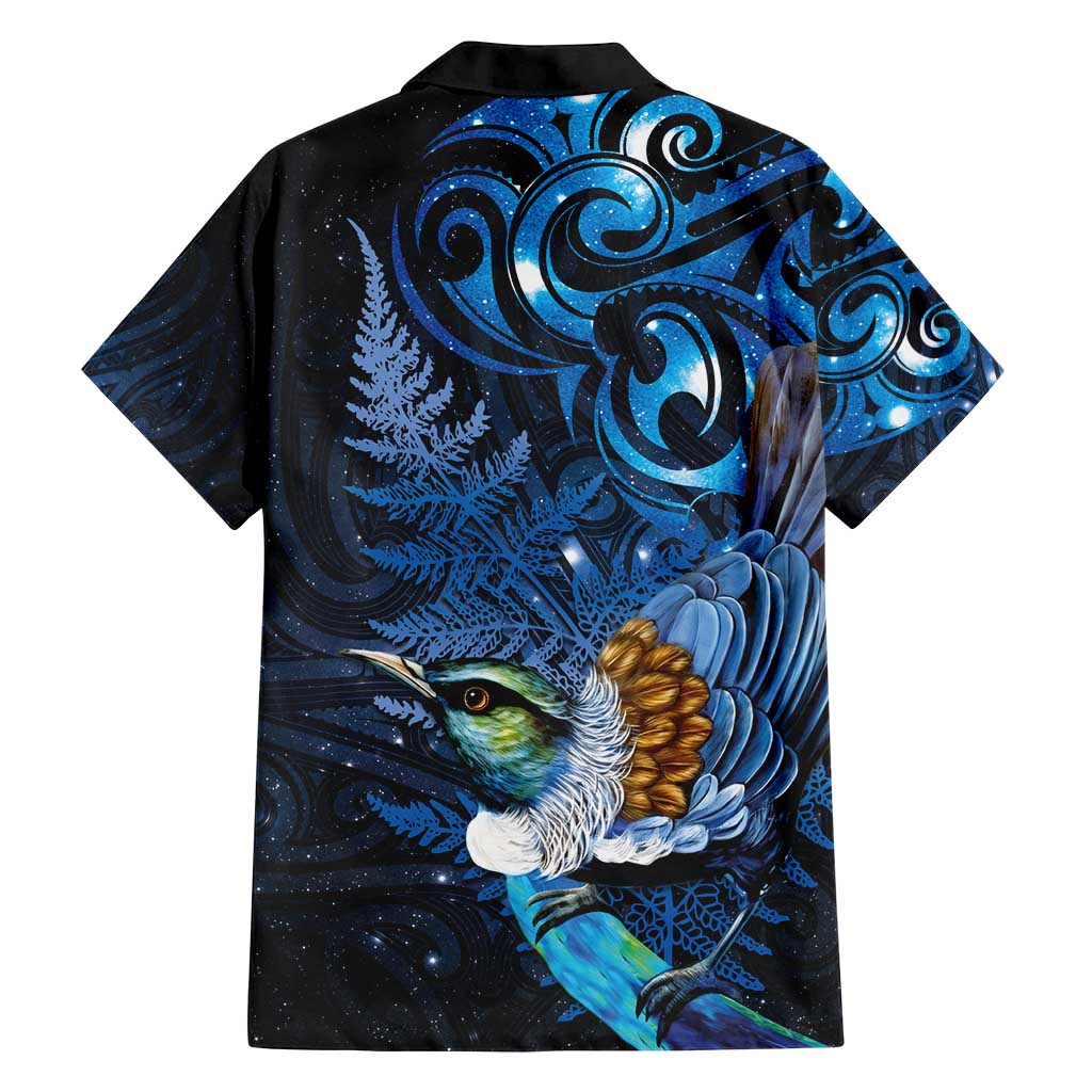 Aotearoa Matariki Family Matching Off Shoulder Short Dress and Hawaiian Shirt Maori Tribal with Silver Fern and Tui Bird Galaxy Style - Polynesian Pride