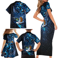 Aotearoa Matariki Family Matching Short Sleeve Bodycon Dress and Hawaiian Shirt Maori Tribal with Silver Fern and Tui Bird Galaxy Style - Polynesian Pride
