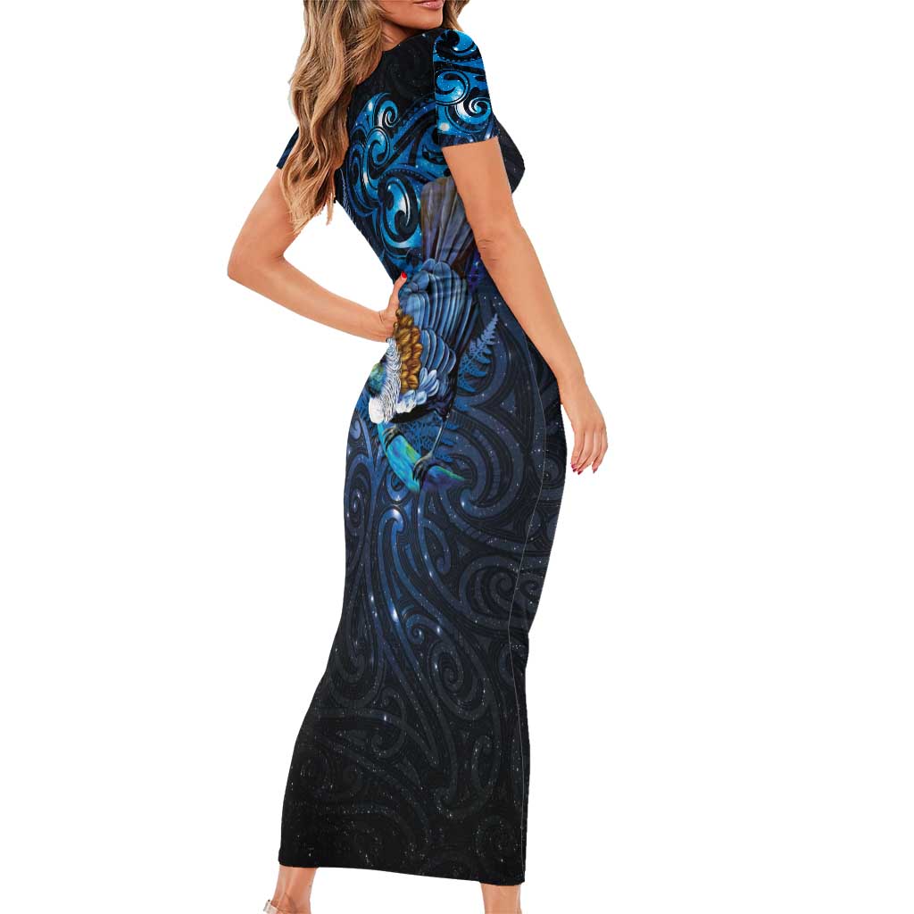Aotearoa Matariki Family Matching Short Sleeve Bodycon Dress and Hawaiian Shirt Maori Tribal with Silver Fern and Tui Bird Galaxy Style - Polynesian Pride