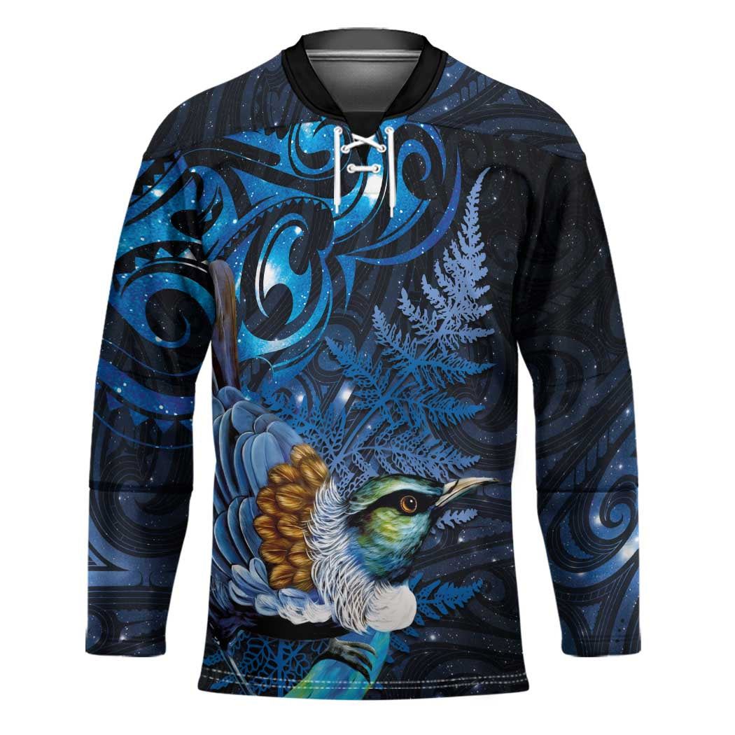 Aotearoa Matariki Hockey Jersey Maori Tribal with Silver Fern and Tui Bird Galaxy Style - Polynesian Pride