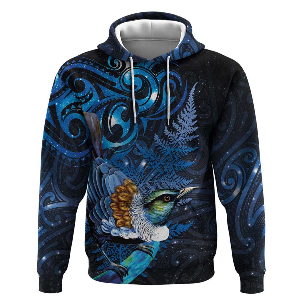 Aotearoa Matariki Hoodie Maori Tribal with Silver Fern and Tui Bird Galaxy Style - Polynesian Pride