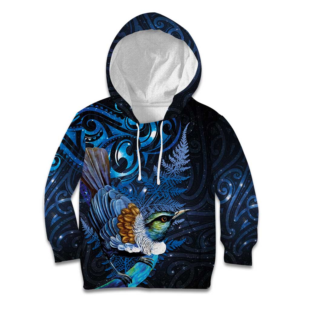 Aotearoa Matariki Kid Hoodie Maori Tribal with Silver Fern and Tui Bird Galaxy Style - Polynesian Pride