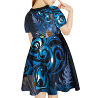 Aotearoa Matariki Kid Short Sleeve Dress Maori Tribal with Silver Fern and Tui Bird Galaxy Style - Polynesian Pride