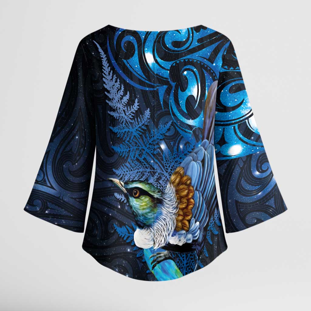 Aotearoa Matariki Kimono Sleeve Blouse Maori Tribal with Silver Fern and Tui Bird Galaxy Style - Polynesian Pride