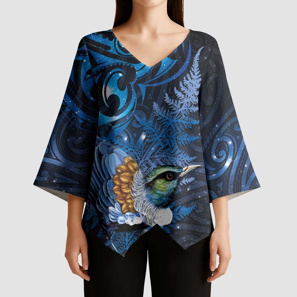 Aotearoa Matariki Kimono Sleeve Blouse Maori Tribal with Silver Fern and Tui Bird Galaxy Style - Polynesian Pride
