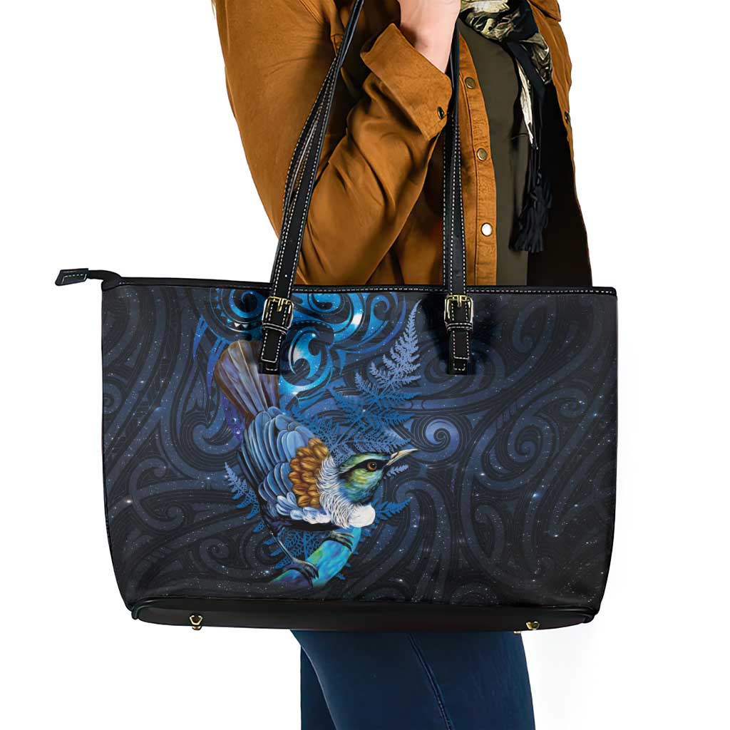 Aotearoa Matariki Leather Tote Bag Maori Tribal with Silver Fern and Tui Bird Galaxy Style - Polynesian Pride