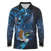Aotearoa Matariki Long Sleeve Polo Shirt Maori Tribal with Silver Fern and Tui Bird Galaxy Style - Polynesian Pride
