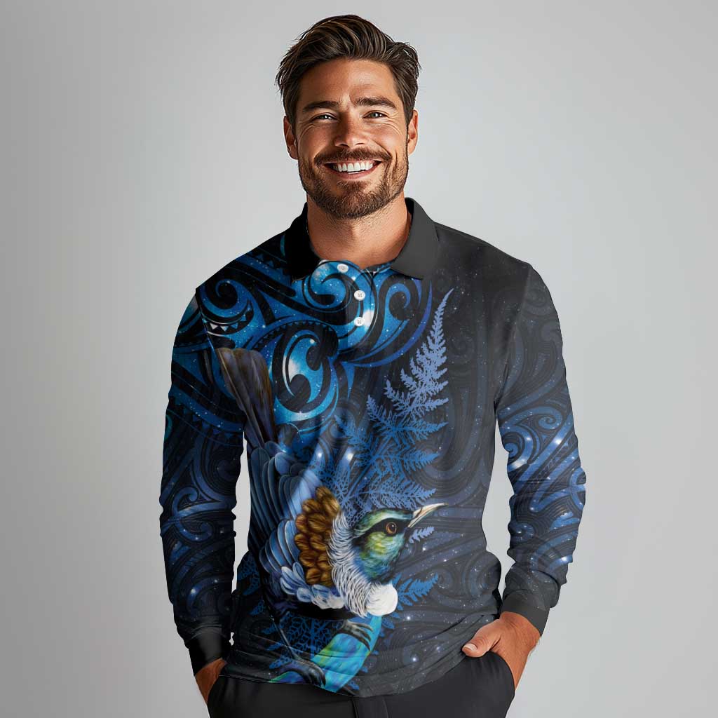 Aotearoa Matariki Long Sleeve Polo Shirt Maori Tribal with Silver Fern and Tui Bird Galaxy Style - Polynesian Pride