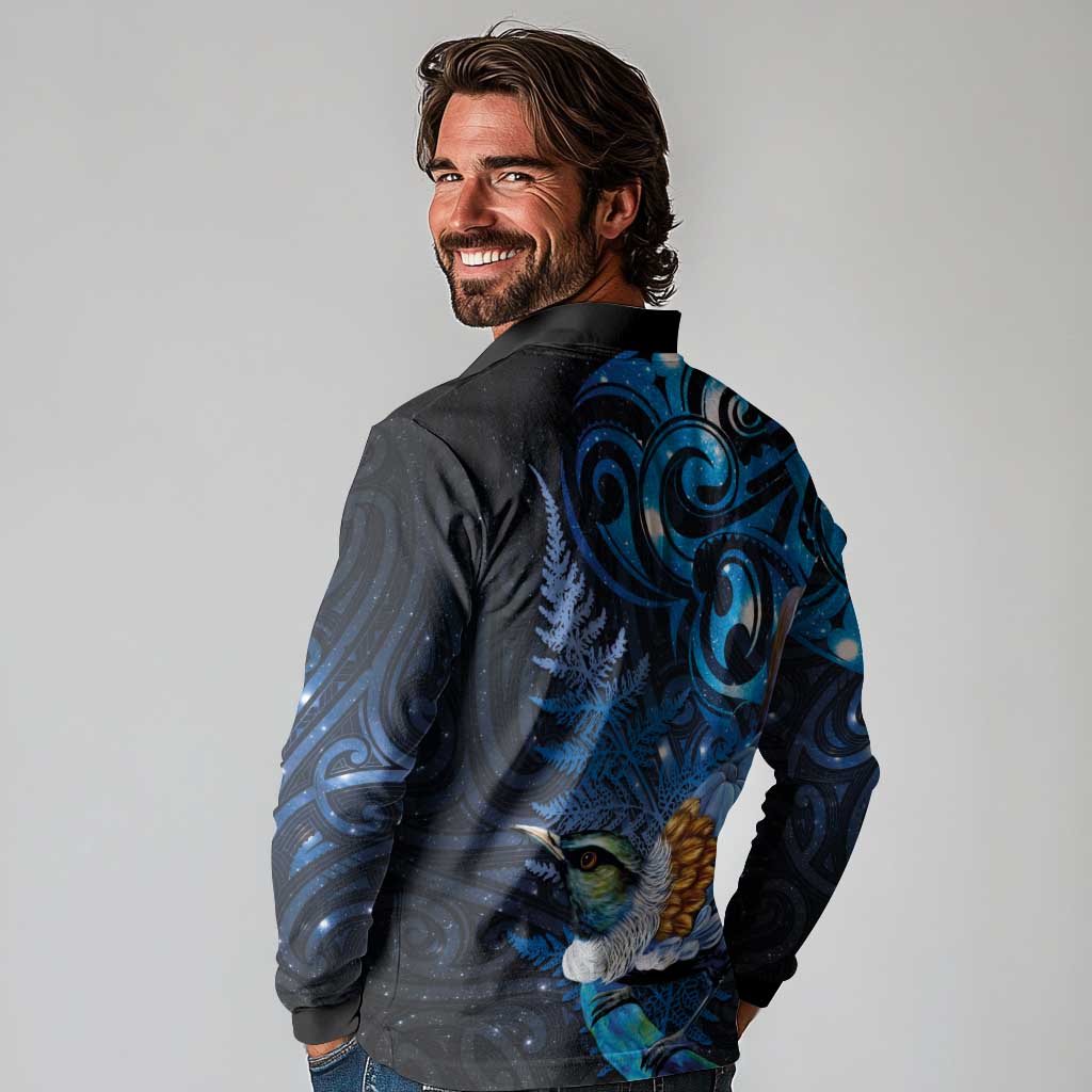 Aotearoa Matariki Long Sleeve Polo Shirt Maori Tribal with Silver Fern and Tui Bird Galaxy Style - Polynesian Pride