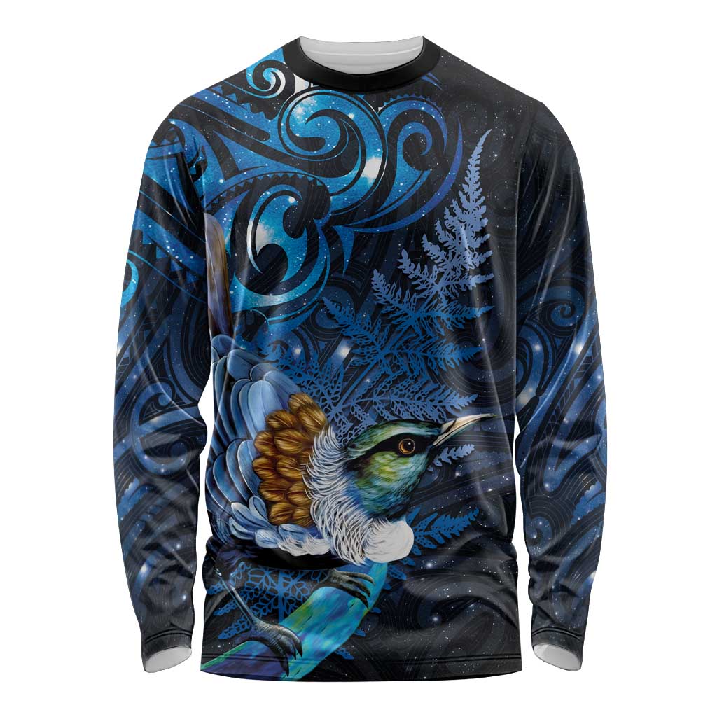 Aotearoa Matariki Long Sleeve Shirt Maori Tribal with Silver Fern and Tui Bird Galaxy Style - Polynesian Pride