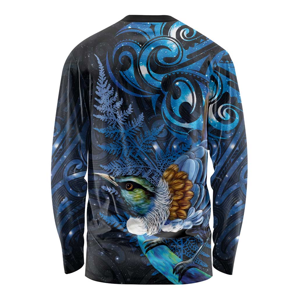 Aotearoa Matariki Long Sleeve Shirt Maori Tribal with Silver Fern and Tui Bird Galaxy Style - Polynesian Pride