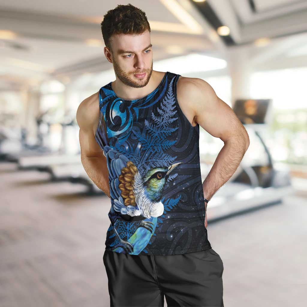 Aotearoa Matariki Men Tank Top Maori Tribal with Silver Fern and Tui Bird Galaxy Style - Polynesian Pride
