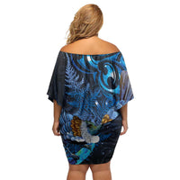 Aotearoa Matariki Off Shoulder Short Dress Maori Tribal with Silver Fern and Tui Bird Galaxy Style - Polynesian Pride