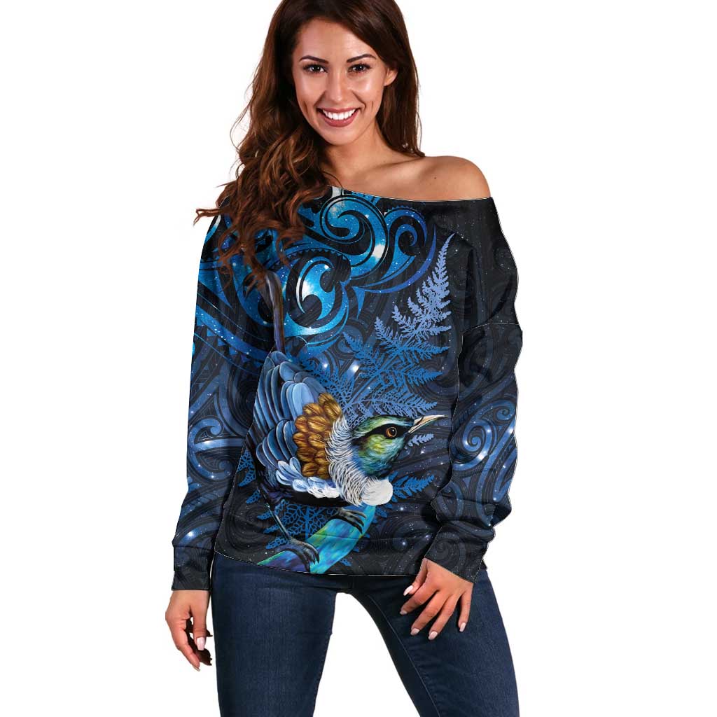 Aotearoa Matariki Off Shoulder Sweater Maori Tribal with Silver Fern and Tui Bird Galaxy Style - Polynesian Pride