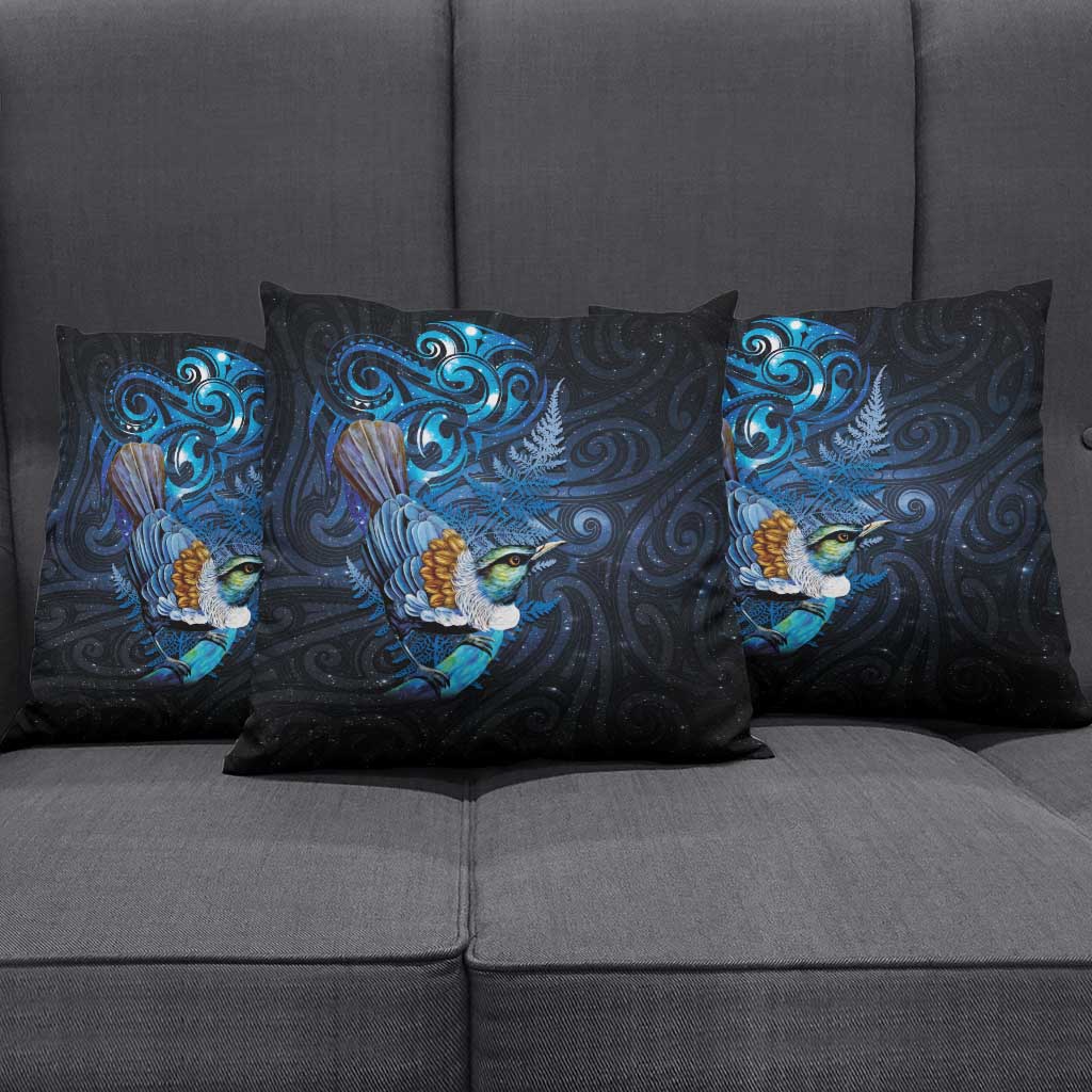 Aotearoa Matariki Pillow Cover Maori Tribal with Silver Fern and Tui Bird Galaxy Style - Polynesian Pride