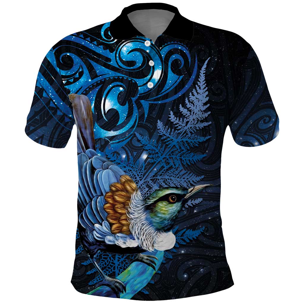 Aotearoa Matariki Polo Shirt Maori Tribal with Silver Fern and Tui Bird Galaxy Style - Polynesian Pride