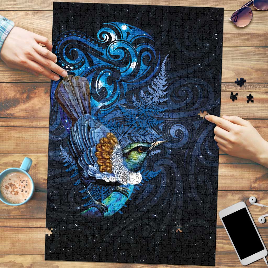 Aotearoa Matariki Puzzle Maori Tribal with Silver Fern and Tui Bird Galaxy Style - Polynesian Pride