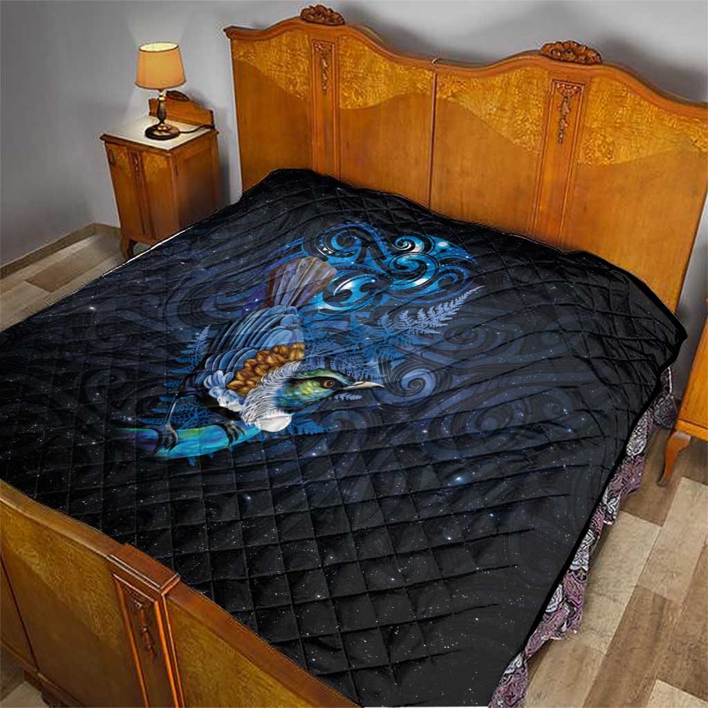 Aotearoa Matariki Quilt Maori Tribal with Silver Fern and Tui Bird Galaxy Style - Polynesian Pride
