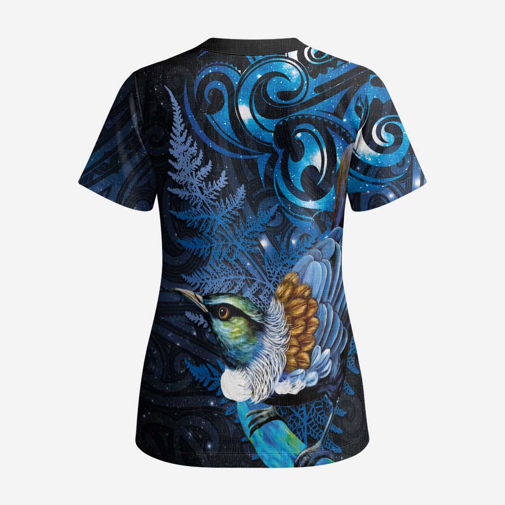 Aotearoa Matariki Scrub Top Maori Tribal with Silver Fern and Tui Bird Galaxy Style - Polynesian Pride