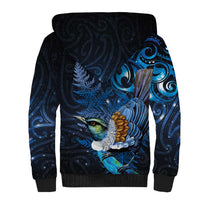 Aotearoa Matariki Sherpa Hoodie Maori Tribal with Silver Fern and Tui Bird Galaxy Style - Polynesian Pride