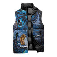 Aotearoa Matariki Sleeveless Puffer Jacket Maori Tribal with Silver Fern and Tui Bird Galaxy Style - Polynesian Pride
