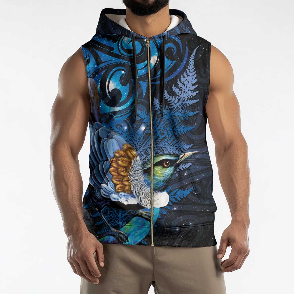 Aotearoa Matariki Sleeveless Zip Hoodie Maori Tribal with Silver Fern and Tui Bird Galaxy Style - Polynesian Pride