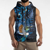 Aotearoa Matariki Sleeveless Zip Hoodie Maori Tribal with Silver Fern and Tui Bird Galaxy Style - Polynesian Pride