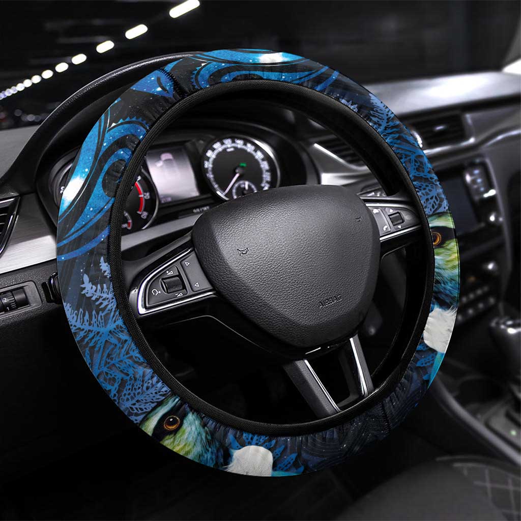 Aotearoa Matariki Steering Wheel Cover Maori Tribal with Silver Fern and Tui Bird Galaxy Style - Polynesian Pride
