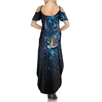 Aotearoa Matariki Summer Maxi Dress Maori Tribal with Silver Fern and Tui Bird Galaxy Style - Polynesian Pride