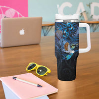 Aotearoa Matariki Tumbler With Handle Maori Tribal with Silver Fern and Tui Bird Galaxy Style - Polynesian Pride