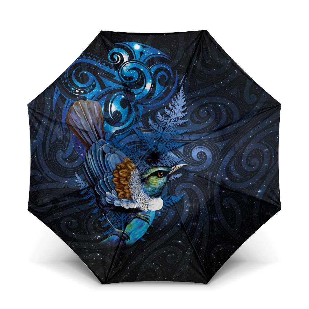 Aotearoa Matariki Umbrella Maori Tribal with Silver Fern and Tui Bird Galaxy Style - Polynesian Pride