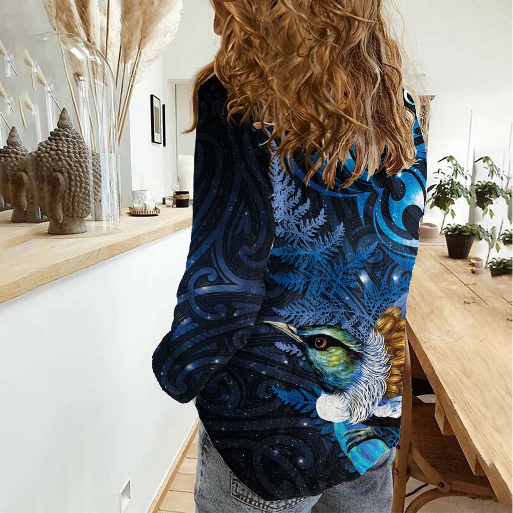 Aotearoa Matariki Women Casual Shirt Maori Tribal with Silver Fern and Tui Bird Galaxy Style - Polynesian Pride