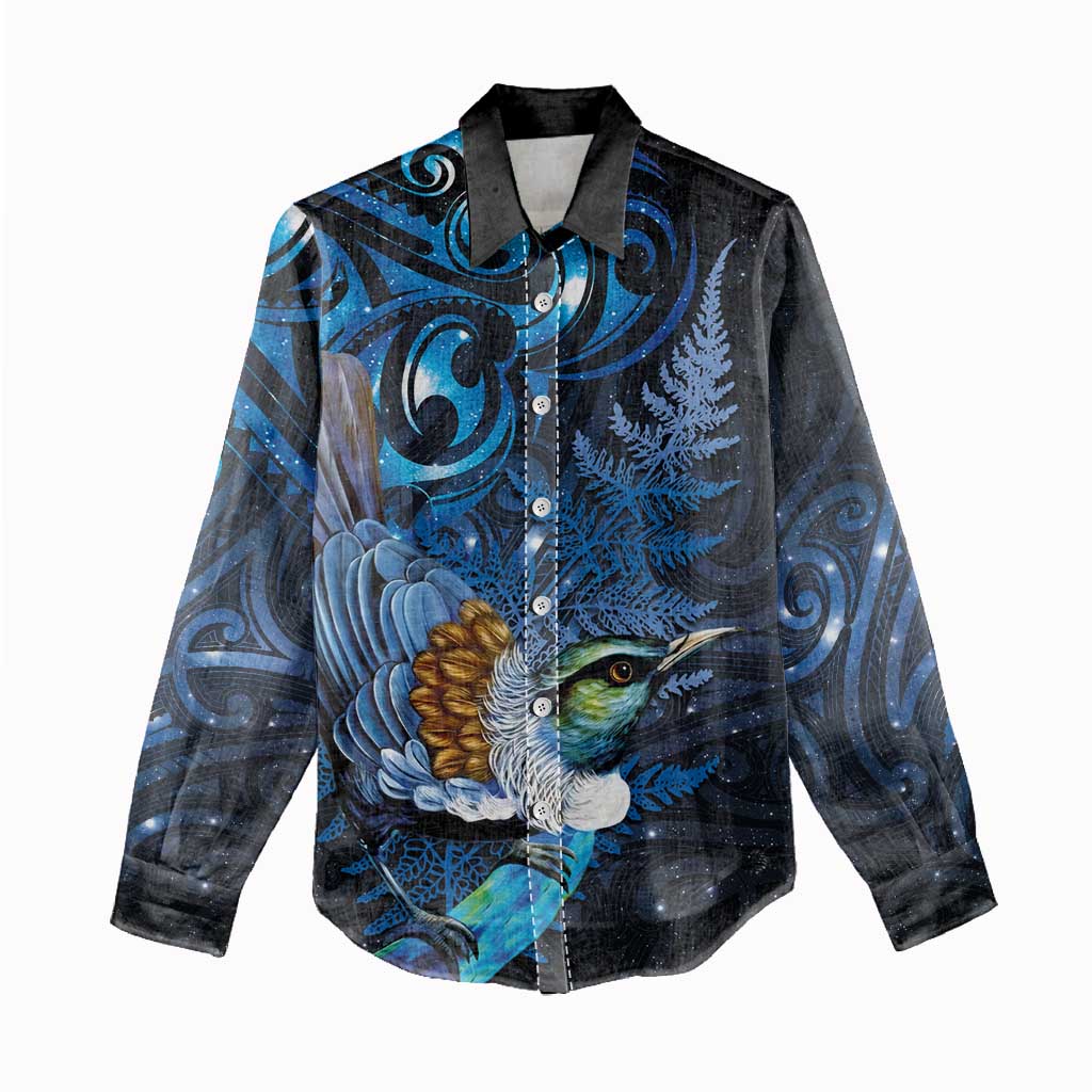 Aotearoa Matariki Women Casual Shirt Maori Tribal with Silver Fern and Tui Bird Galaxy Style - Polynesian Pride
