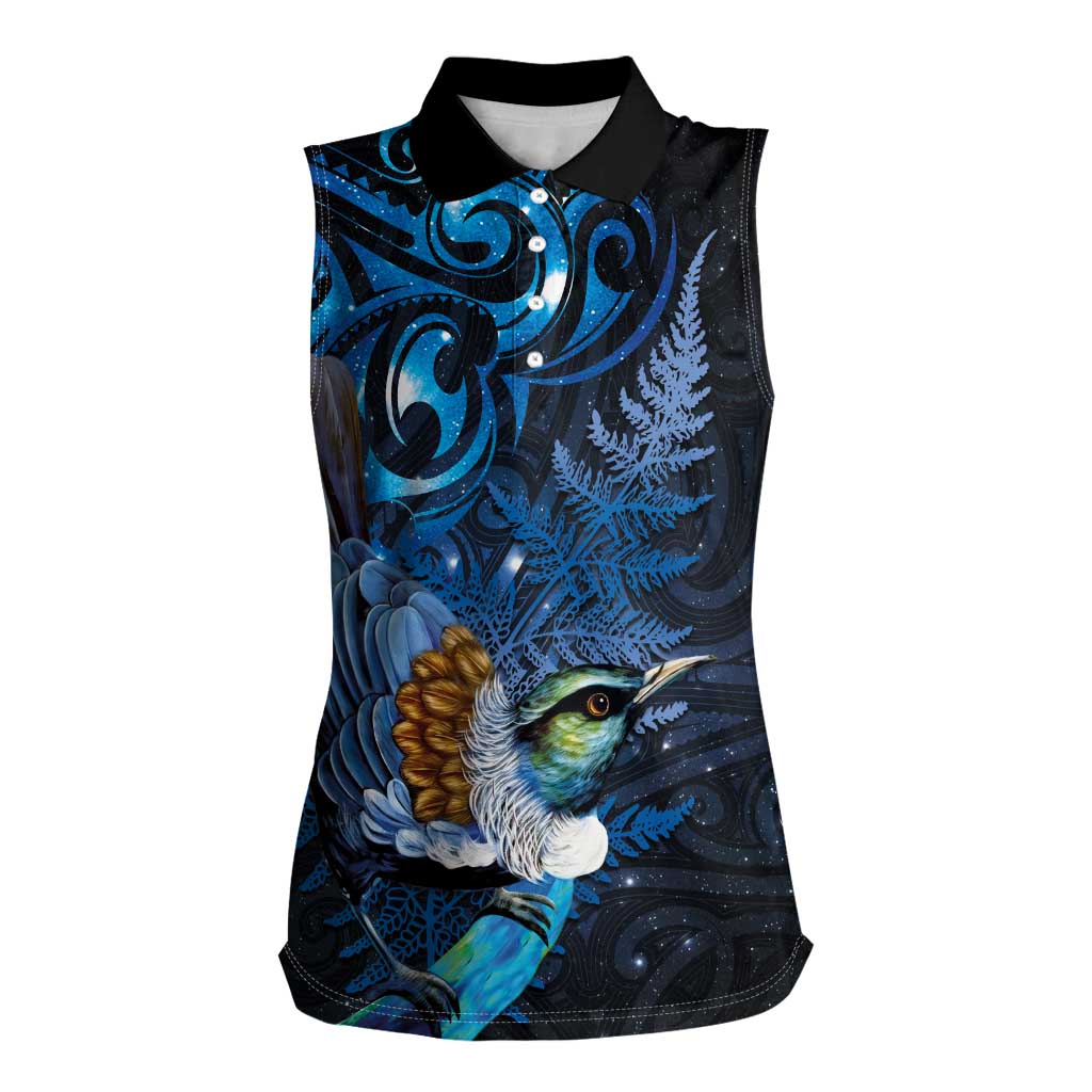 Aotearoa Matariki Women Sleeveless Polo Shirt Maori Tribal with Silver Fern and Tui Bird Galaxy Style - Polynesian Pride