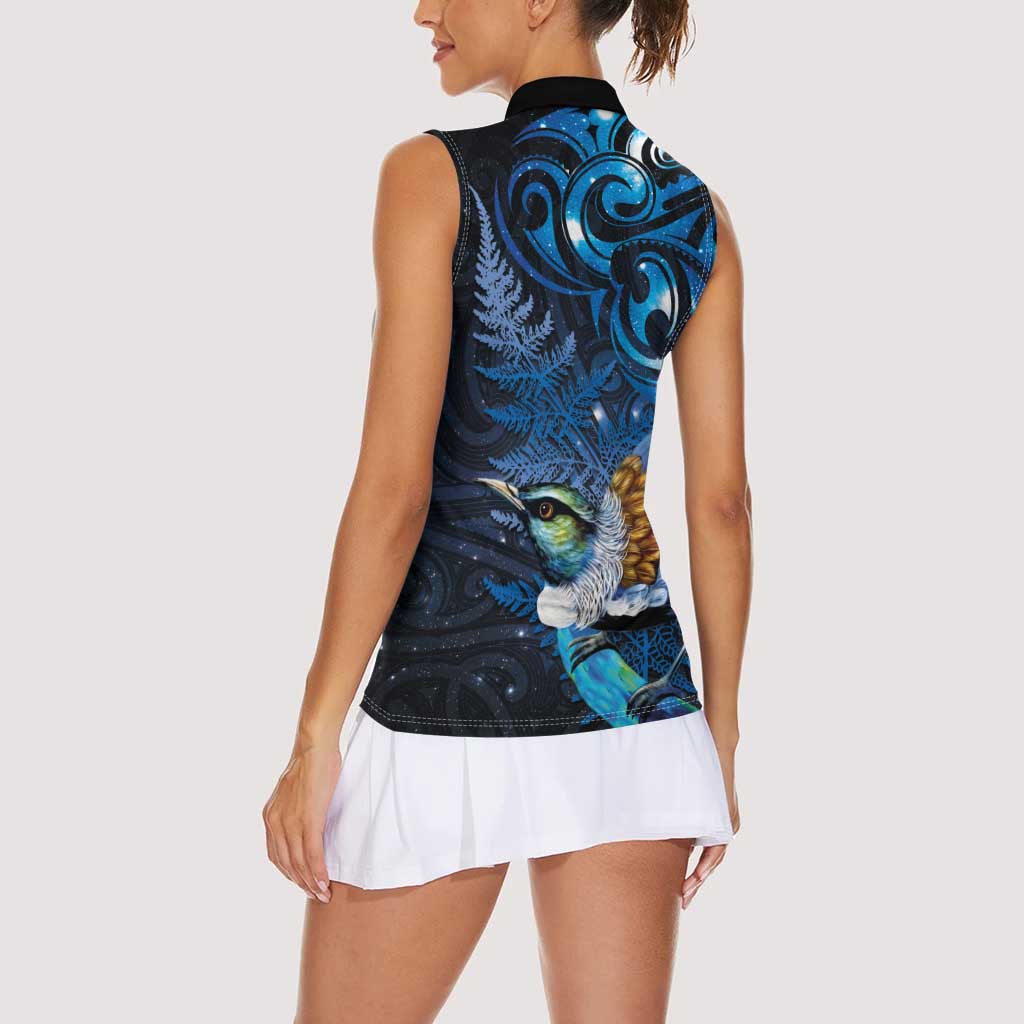 Aotearoa Matariki Women Sleeveless Polo Shirt Maori Tribal with Silver Fern and Tui Bird Galaxy Style - Polynesian Pride
