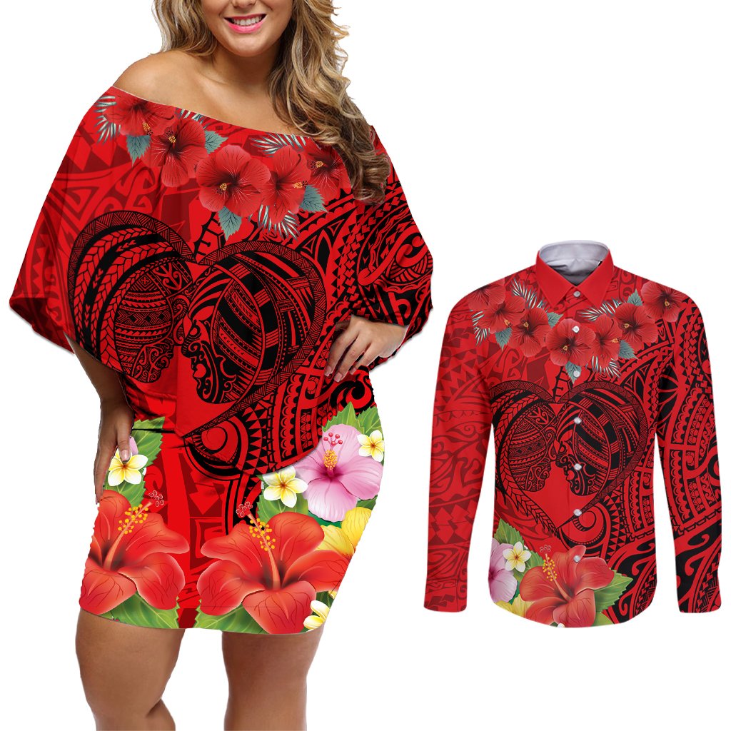 Personalised Hawaii Valentine Day Couples Matching Off Shoulder Short Dress and Long Sleeve Button Shirt Couple Love Heart mix Hibiscus and Polynesian Tattoo LT03 Red - Polynesian Pride