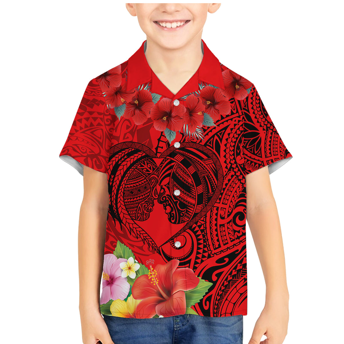 Personalised Hawaii Valentine Day Family Matching Mermaid Dress and Hawaiian Shirt Couple Love Heart mix Hibiscus and Polynesian Tattoo LT03 Son's Shirt Red - Polynesian Pride