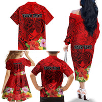 Personalised Hawaii Valentine Day Family Matching Off Shoulder Long Sleeve Dress and Hawaiian Shirt Couple Love Heart mix Hibiscus and Polynesian Tattoo LT03 - Polynesian Pride