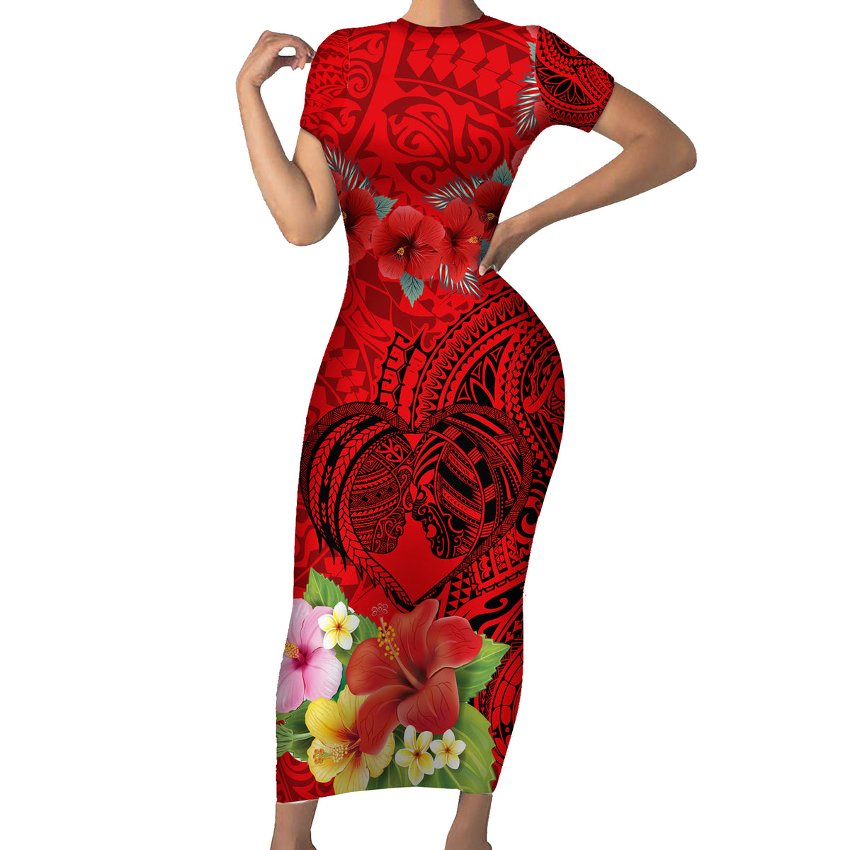 Personalised Hawaii Valentine Day Family Matching Short Sleeve Bodycon Dress and Hawaiian Shirt Couple Love Heart mix Hibiscus and Polynesian Tattoo LT03 Mom's Dress Red - Polynesian Pride