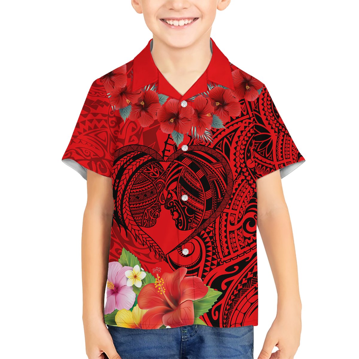 Personalised Hawaii Valentine Day Hawaiian Shirt Couple Love Heart mix Hibiscus and Polynesian Tattoo LT03 - Polynesian Pride
