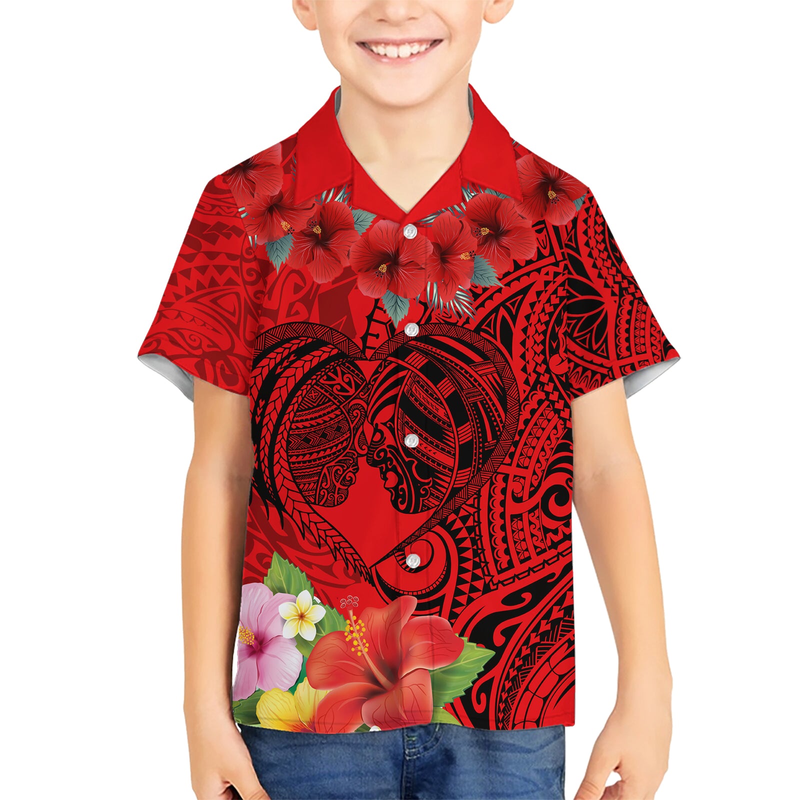 Personalised Hawaii Valentine Day Kid Hawaiian Shirt Couple Love Heart mix Hibiscus and Polynesian Tattoo LT03 Kid Red - Polynesian Pride