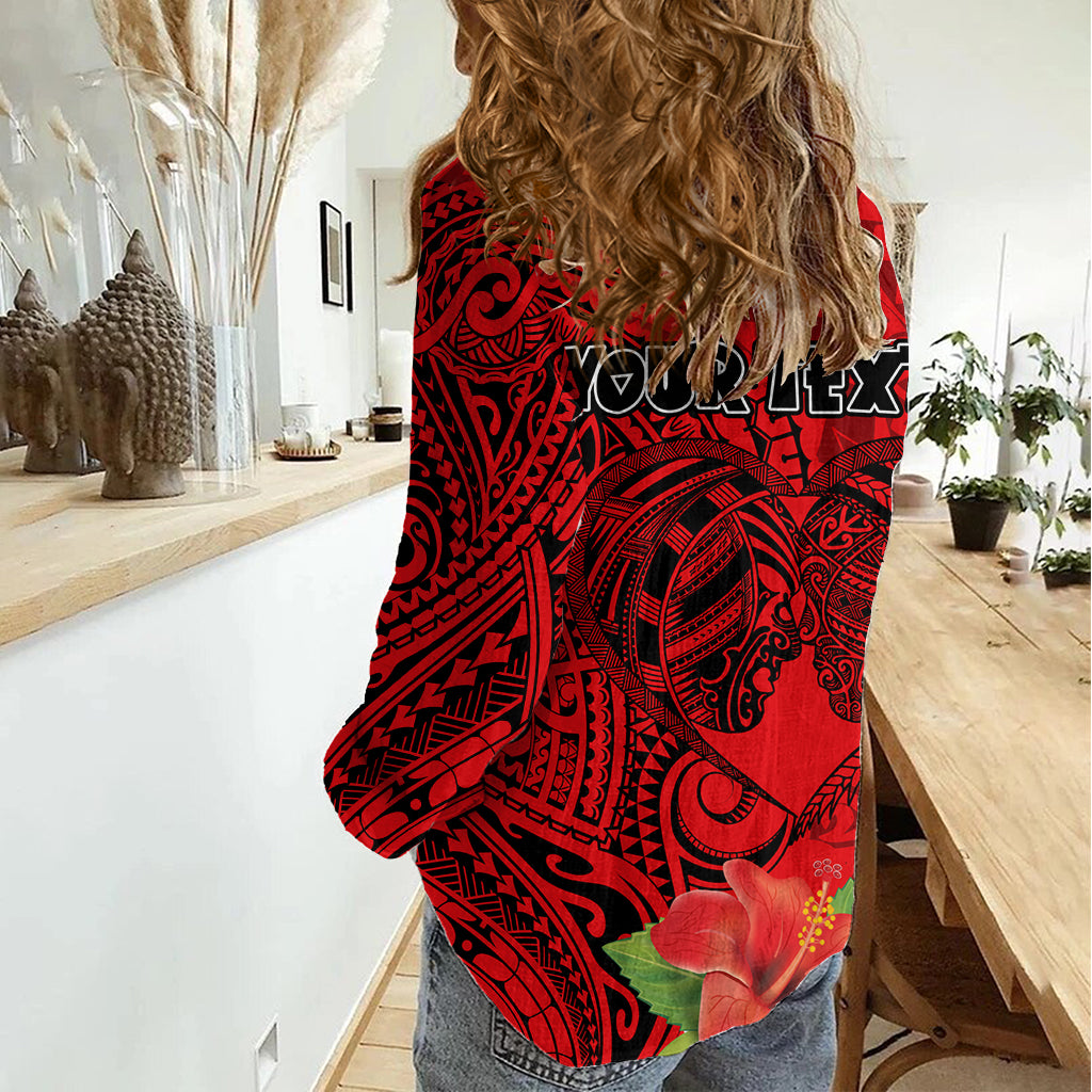 Personalised Hawaii Valentine Day Women Casual Shirt Couple Love Heart mix Hibiscus and Polynesian Tattoo LT03 - Polynesian Pride