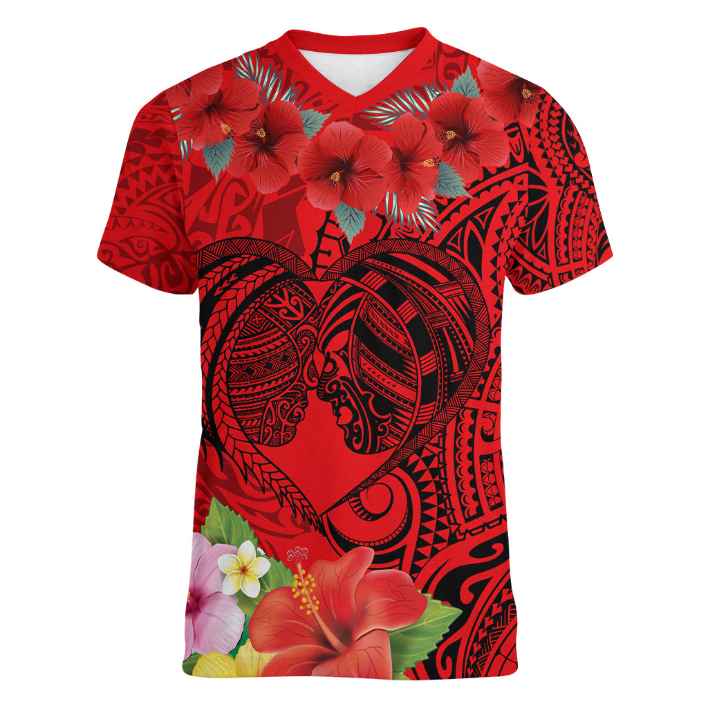 Personalised Hawaii Valentine Day Women V Neck T Shirt Couple Love Heart mix Hibiscus and Polynesian Tattoo LT03 Female Red - Polynesian Pride