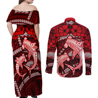 Polynesian Shark Valentine Day Couples Matching Off Shoulder Maxi Dress and Long Sleeve Button Shirt Hibiscus and Tribal Tattoo Red Style LT03 - Polynesian Pride