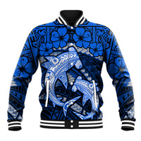 Polynesian Shark Valentine Day Baseball Jacket Hibiscus and Tribal Tattoo Blue Style LT03 Unisex Blue - Polynesian Pride