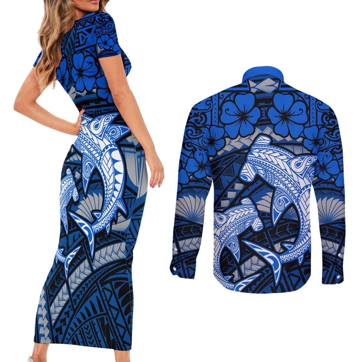 Polynesian Shark Valentine Day Couples Matching Short Sleeve Bodycon Dress and Long Sleeve Button Shirt Hibiscus and Tribal Tattoo Blue Style LT03 - Polynesian Pride