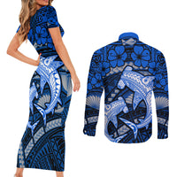 Polynesian Shark Valentine Day Couples Matching Short Sleeve Bodycon Dress and Long Sleeve Button Shirt Hibiscus and Tribal Tattoo Blue Style LT03 - Polynesian Pride