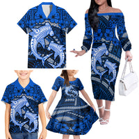 Polynesian Shark Valentine Day Family Matching Off Shoulder Long Sleeve Dress and Hawaiian Shirt Hibiscus and Tribal Tattoo Blue Style LT03 - Polynesian Pride
