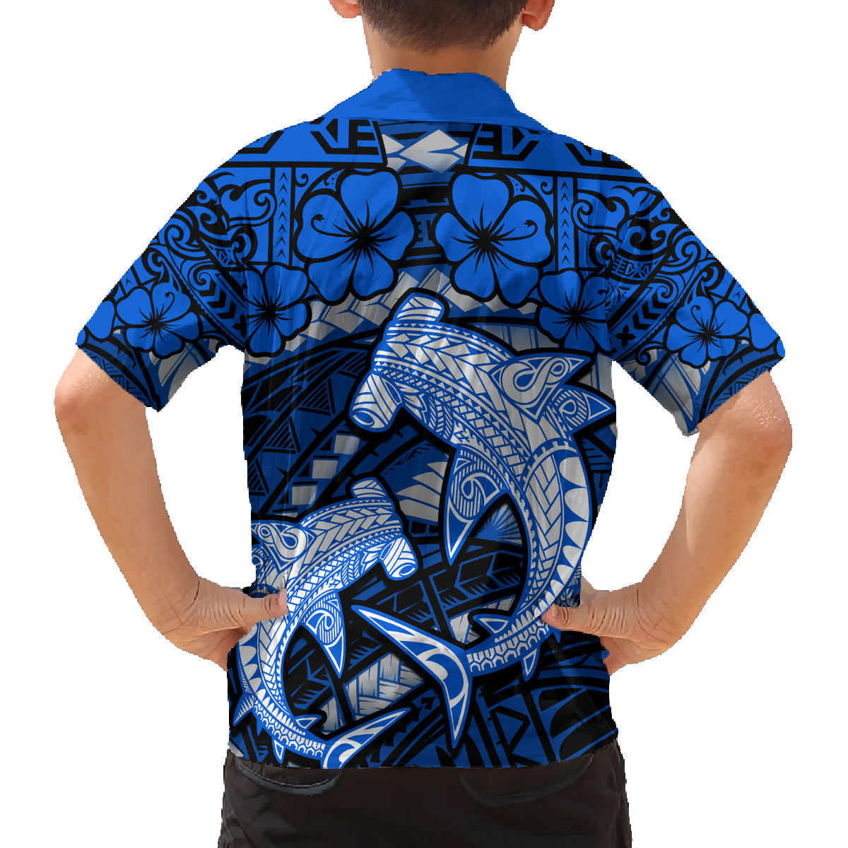 Polynesian Shark Valentine Day Family Matching Summer Maxi Dress and Hawaiian Shirt Hibiscus and Tribal Tattoo Blue Style LT03 - Polynesian Pride